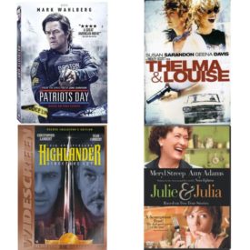 DVD Assorted Movies 4 Pack Fun Gift Bundle: Patriots Day, Thelma & Louise, Highlander, Julie & Julia