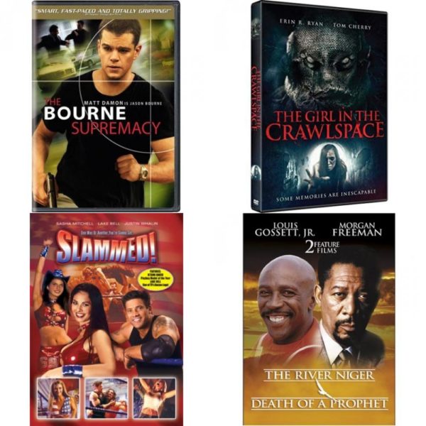 DVD Assorted Movies 4 Pack Fun Gift Bundle: The Bourne Supremacy, The Girl in the Crawlspace, Slammed!, 2 Films: The River Niger / Death Of A Prophet