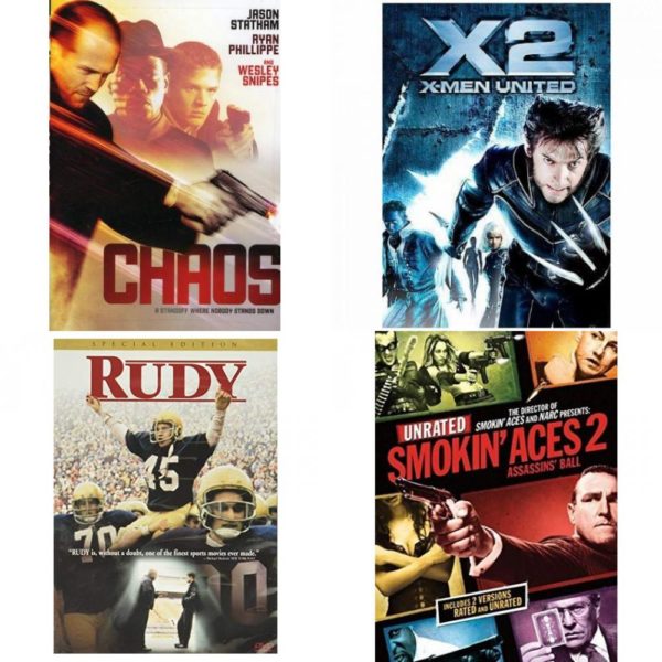 DVD Assorted Movies 4 Pack Fun Gift Bundle: Chaos, X2 - X-MEN UNITED, Rudy, Smokin' Aces 2: Assassins' Ball