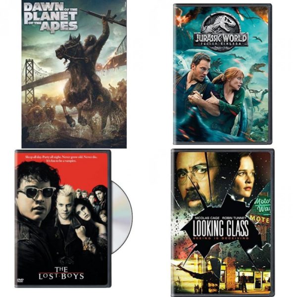 DVD Assorted Movies 4 Pack Fun Gift Bundle: Dawn of the Planet of the Apes, Jurassic World: Fallen Kingdom, The Lost Boys, Looking Glass