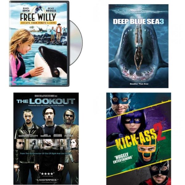 DVD Assorted Movies 4 Pack Fun Gift Bundle: Free Willy: Escape from Pirate's Cove, Deep Blue Sea 3, The Lookout, Kick-Ass 2