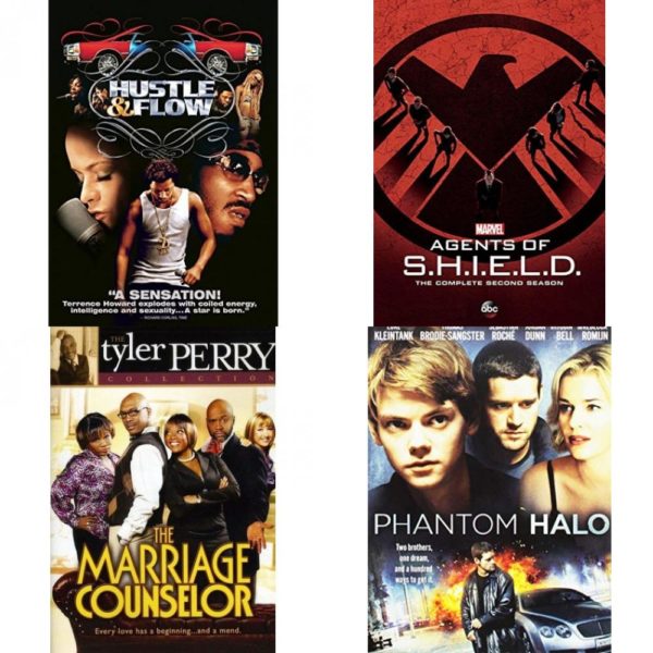 DVD Assorted Movies 4 Pack Fun Gift Bundle: Hustle & Flow, Marvels Agents of S.H.I.E.L.D.: Season 2, The Marriage Counselor, Phantom Halo