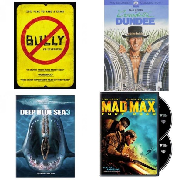 DVD Assorted Movies 4 Pack Fun Gift Bundle: Bully, Crocodile Dundee, Deep Blue Sea 3, Mad Max: Fury Road