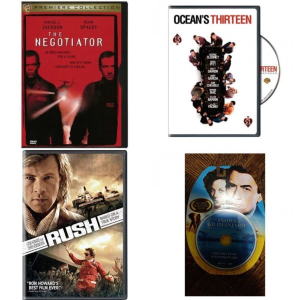 DVD Assorted Movies 4 Pack Fun Gift Bundle: The Negotiator, Ocean's Thirteen, Rush, The Snows of Kilimanjaro