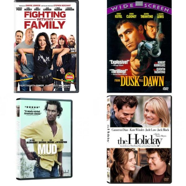 DVD Assorted Movies 4 Pack Fun Gift Bundle: Fighting with My Family, From Dusk Till Dawn, Mud, The Holiday
