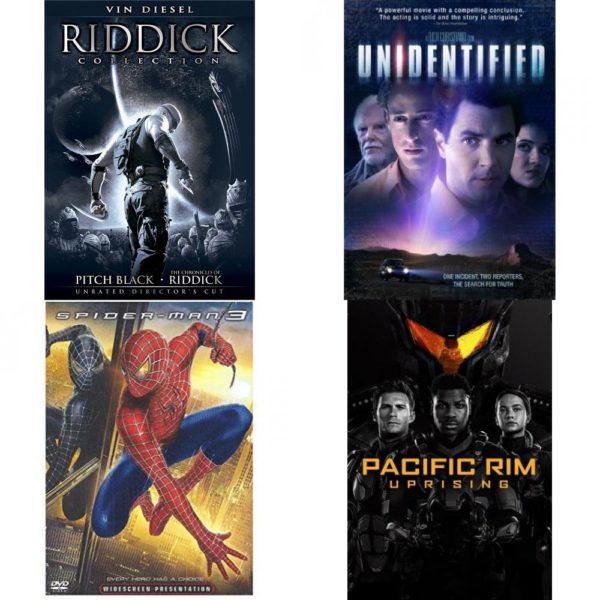 DVD Assorted Movies 4 Pack Fun Gift Bundle: Riddick Collection, Unidentified, SPIDER MAN 3, Pacific Rim Uprising