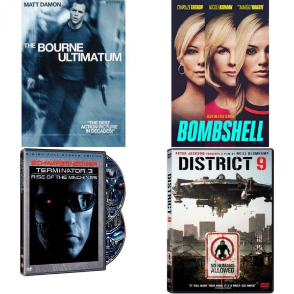 DVD Assorted Movies 4 Pack Fun Gift Bundle: The Bourne Ultimatum, BOMBSHELL, Terminator 3 - Rise of the Machines, District 9