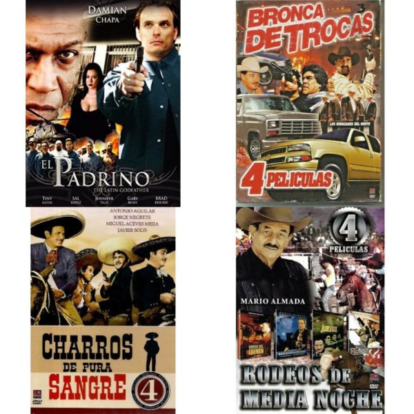 DVD Spanish Speaking Movies 4 Pack Fun Gift Bundle: El Padrino - The Latin Godfather  Bronca De Trocas 4 Peliculas   Charrps De Pura Sangre  Rodeos de Media Noche - Mario Almada 4 Peliculas