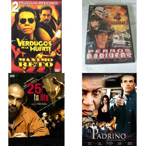 DVD Spanish Speaking Movies 4 Pack Fun Gift Bundle: Verdugos de La Muerte/Maximo Reto  Perros Rabiosos - La Fiest de Los Perrones/El Perro Malagradecido/Como  25 to Life  El Padrino - The Latin Godfather