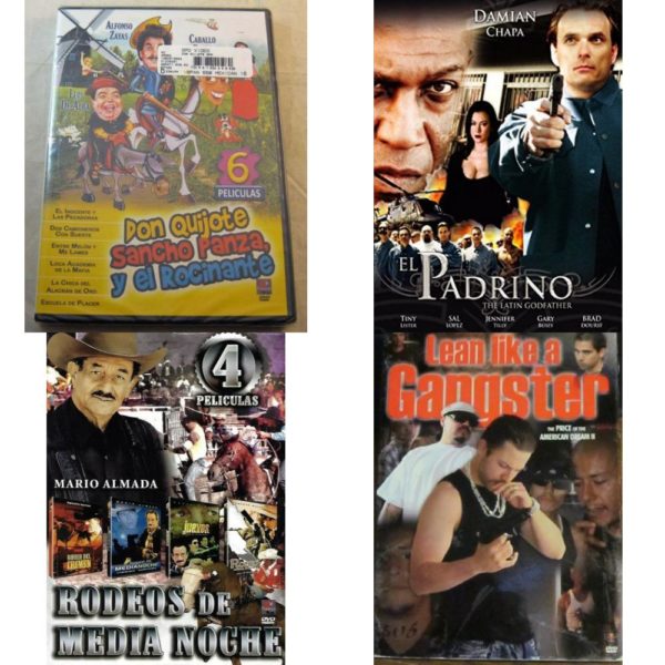 DVD Spanish Speaking Movies 4 Pack Fun Gift Bundle: Don Quijote Sancho Panza Y El Rocinante: 6 Peliculas Zayas, De Alba  El Padrino - The Latin Godfather  Rodeos de Media Noche - Mario Almada 4 Peliculas  Lean Like a Gangster - The Price of the American Dream II