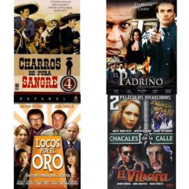 DVD Spanish Speaking Movies 4 Pack Fun Gift Bundle: Charrps De Pura Sangre  El Padrino - The Latin Godfather  Locos por el Oro  2 Peliculas Mexicanas: Chacales de La Calle/El Vibora