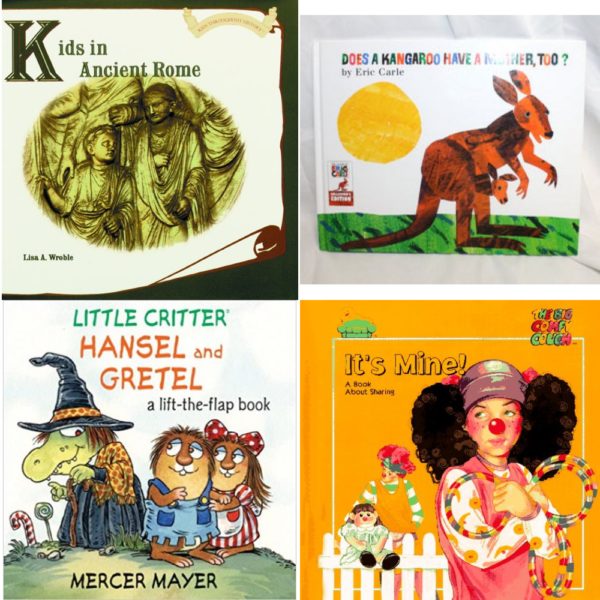 Children's Fun & Educational 4 Pack Hardcover Book Bundle (Ages 3-5): Kids in Ancient Rome Kids Throughout History, Does a Kangaroo Have a Mother, Too?, Little Critter® Hansel and Gretel: A Lift-the-Flap Book Little Critter series, Its Mine! A Book About Sharing