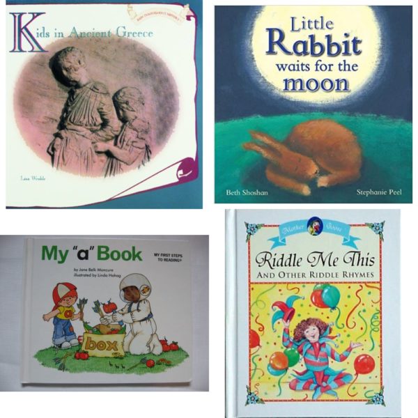 Children's Fun & Educational 4 Pack Hardcover Book Bundle (Ages 3-5): Kids in Ancient Greece Kids Throughout History, Little Rabbit Waits For the Moon, My a Book My First Steps to Reading By Jane Belk Moncure 1984, Riddle Me This and Other Riddle Rhymes