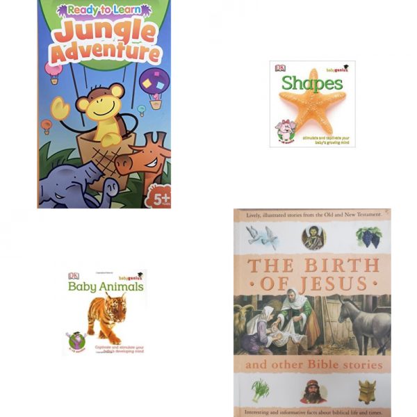 Children's Fun & Educational 4 Pack Hardcover Book Bundle (Ages 3-5): Ready To Learn: Jungle Adventure, Shapes Baby Genius Board book, Baby Animals Baby Genius Board book, The Birth of Jesus and Other Bible Stories