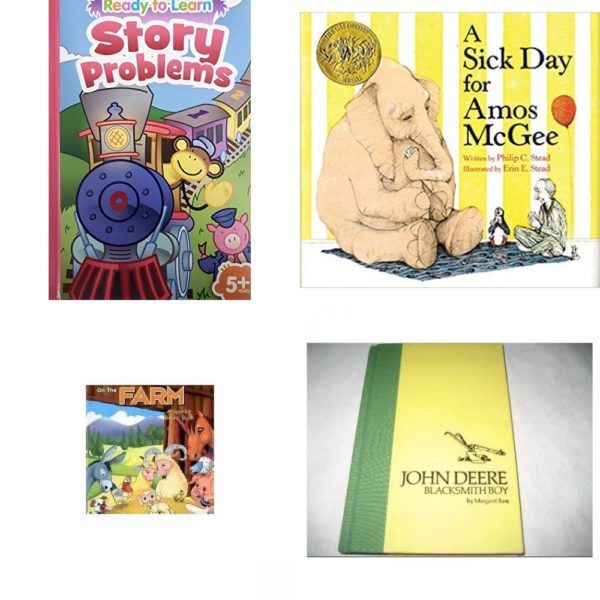 Children's Fun & Educational 4 Pack Hardcover Book Bundle (Ages 3-5): Ready To Learn: Story Problems, A Sick Day for Amos McGee, On the Farm: A Sparkle Board Book, John Deere Blacksmith Boy