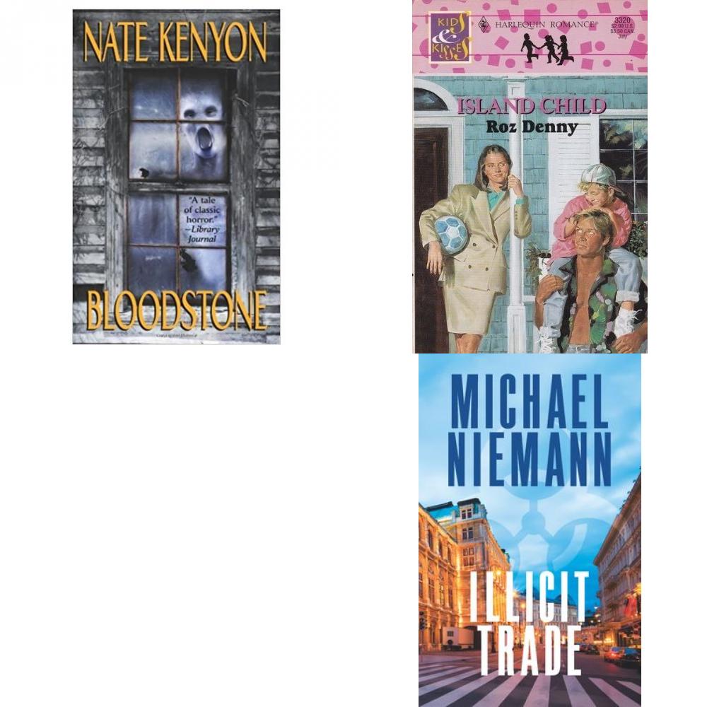 Assorted Novels Paperback Book Bundle (4 Pack): Bloodstone by Nate Kenyon 2008-05-01 Mass Market Paperback, Island Child - Harlequin American Romance #3320 Paperback, Sashas Dad Harlequin Super Romance Paperback, Illicit Trade: A Valentin Vermeulen Thriller by Michael Niemann Mass Market Paperback