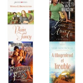 Assorted Romance Paperback Book Bundle (4 Pack): Plain and Fancy: Brides of Lancaster County #3 Heartsong Presents #478 Mass Market Paperback, Love After All A Hope Novel Mass Market Paperback, Forbidden Fires Leisure Historical Romance Mass Market Paperback, A Wagonload of Trouble Wyoming Weddings Series #3 Heartsong Presents #858 Mass Market Paperback