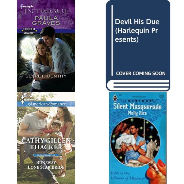 Assorted Harlequin Romance Paperback Book Bundle (4 Pack): Secret Identity Mass Market Paperback, The Devil His Due Harlequin Presents, No 1507 Mass Market Paperback, Runaway Lone Star Bride McCabe Multiples Mass Market Paperback, Silent Masquerade Mass Market Paperback