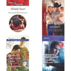 Assorted Harlequin Romance Paperback Book Bundle (4 Pack): Protecting His Defiant Innocent Bound to a Billionaire Mass Market Paperback, Twin Secrets The Ranchers Heirs Mass Market Paperback, The Single Dads Second Chance Those Engaging Garretts! Mass Market Paperback, Private Bodyguard: What Happens on the Ranch Orion Security Mass Market Paperback