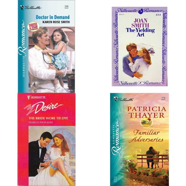 Assorted Silhouette Romance Paperback Book Bundle (4 Pack): Doctor In Demand Silhouette Romance Paperback, Yielding Art Silhouette Romance Paperback, The Bride Wore Tie-Dye Silhouette Desire #1038 Mass Market Paperback, Familiar Adversaries Love at the Goodtime Café Paperback