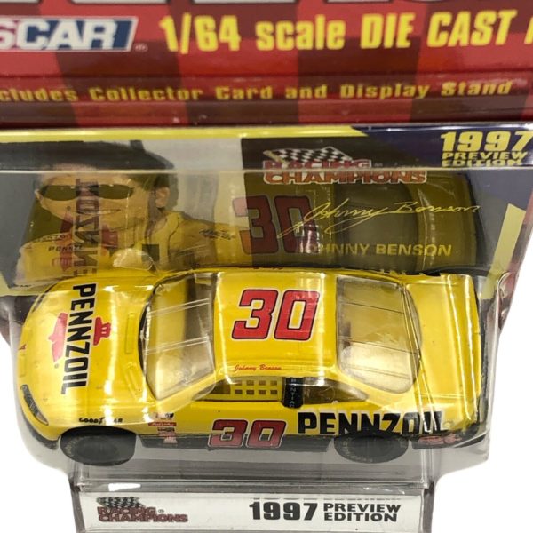 1997 Preview Edition Racing Champions Johnny Benson #30 Pennzoil Car 1:64 Scale Die Cast Replica w/Collector Card and Display Stand