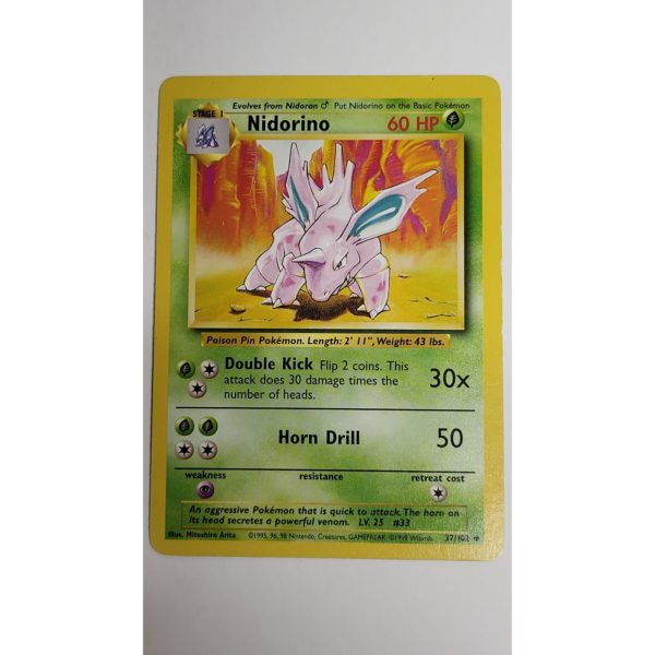 Near Mint Nidorino 37/102 Base Set Unlimited Pokemon Card