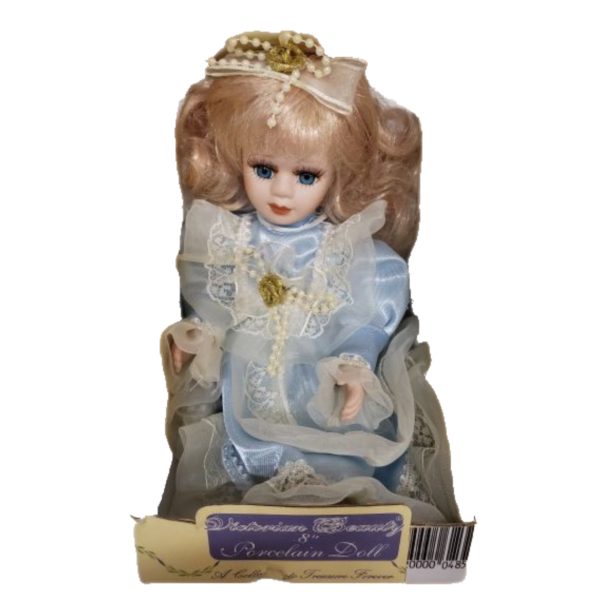Vintage Victorian Beauty Porcelain 8" Doll Blue & Lace Victorian Dress Blonde, Blue Eyes