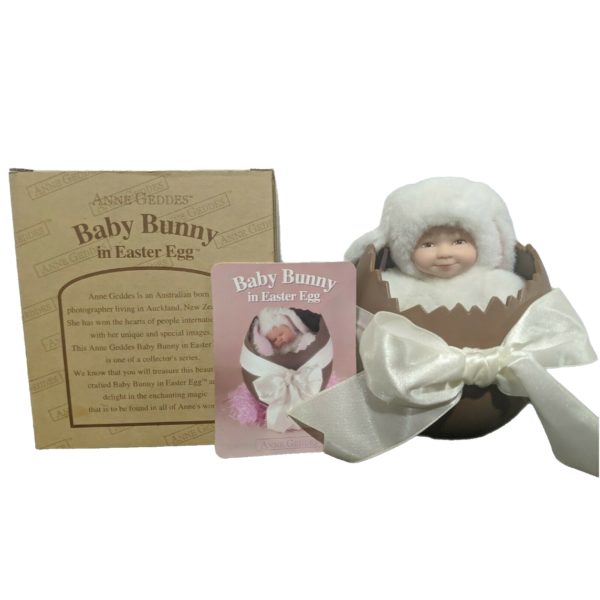 2000 Anne Geddes Baby Plush Bunny Plastic Face Doll In Easter Egg  5" Caucasian Brown Eyes