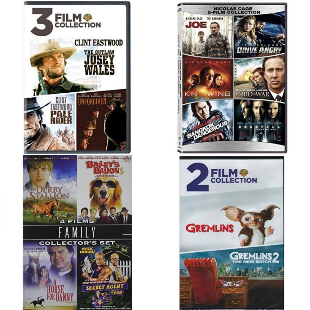 DVD Assorted Multi-Feature Movies 4 Pack Fun Gift Bundle: 3 Films: Clint Eastwood - Josey Wales / Pale Rider / Unforgiven  6 Films: Nicolas Cage - Joe / Drive Angery / Knowing / Lord of War / Bangkok Dangerous / Deadfall   4 Movies: Family Collector's Set  2 Films: Gremlins 1&2