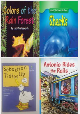 Children's Fun & Educational 4 Pack Paperback Book Bundle (Ages 3-5): Colors of the Rain Forest, Sharks Animals That Live in the Ocean, Sebastian tidies up Alphakids, Antonio Rides the Rails Reading Power Works