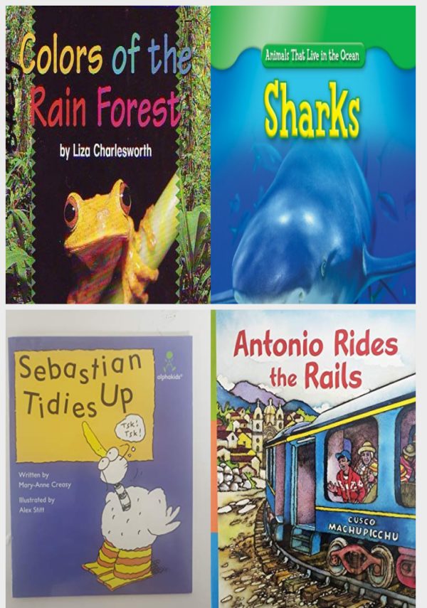 Children's Fun & Educational 4 Pack Paperback Book Bundle (Ages 3-5): Colors of the Rain Forest, Sharks Animals That Live in the Ocean, Sebastian tidies up Alphakids, Antonio Rides the Rails Reading Power Works