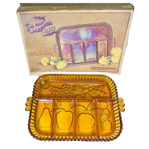 Vintage Indiana Glass Iridescent Gold 5 Part Relish Tray Carnival Glass #1202