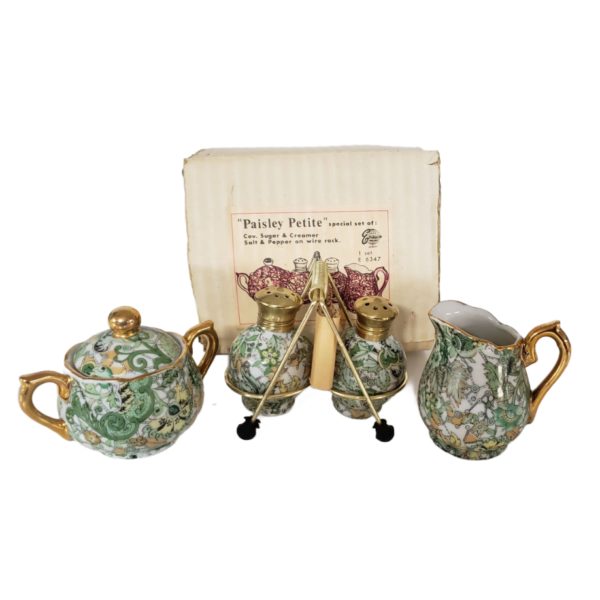 Vintage Circa 1950 Enesco Japan Porcelain Green Paisley Chintz Cream Sugar Salt & Pepper Set