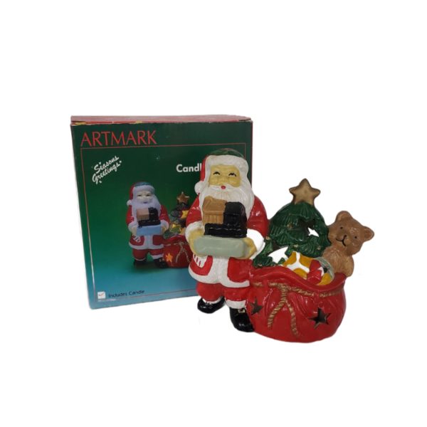 Vintage 1991 Artmark Santa Tealight Candle Holder 5" - Lights Santa Bag