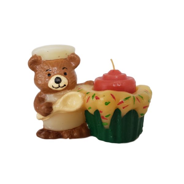 Vintage JASCO CHRISTMAS FRIEND Holiday Chef Bear and Cupcake Candle & Holder