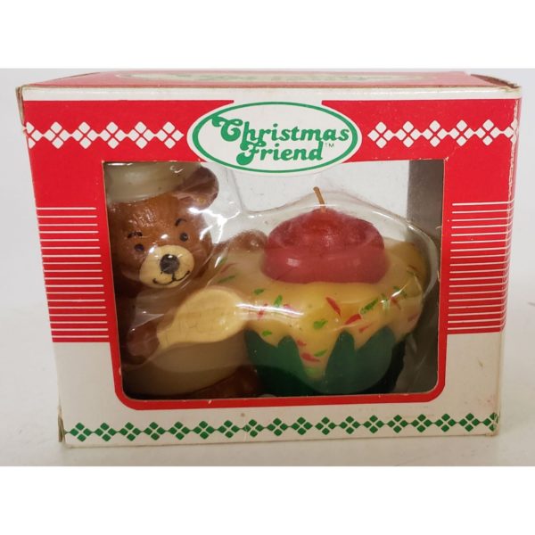 Vintage JASCO CHRISTMAS FRIEND Holiday Chef Bear and Cupcake Candle & Holder