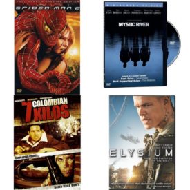 DVD Assorted Movies 4 Pack Fun Gift Bundle: Spider-Man 2 Full Screen Special Edition  Mystic River Widescreen Edition  7 Colombian Kilos  Elysium