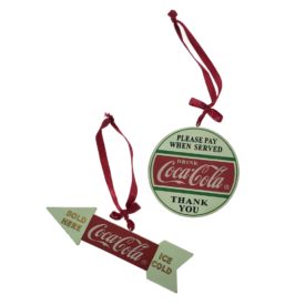 Coca-Cola Signs Wooden Ornament Set Arrow 5" & Round 3" Vintage Green