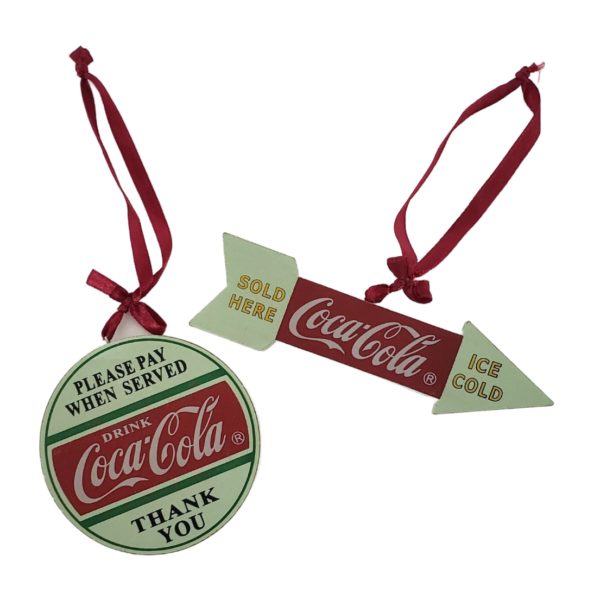 Coca-Cola Signs Wooden Ornament Set Arrow 5" & Round 3" Vintage Green