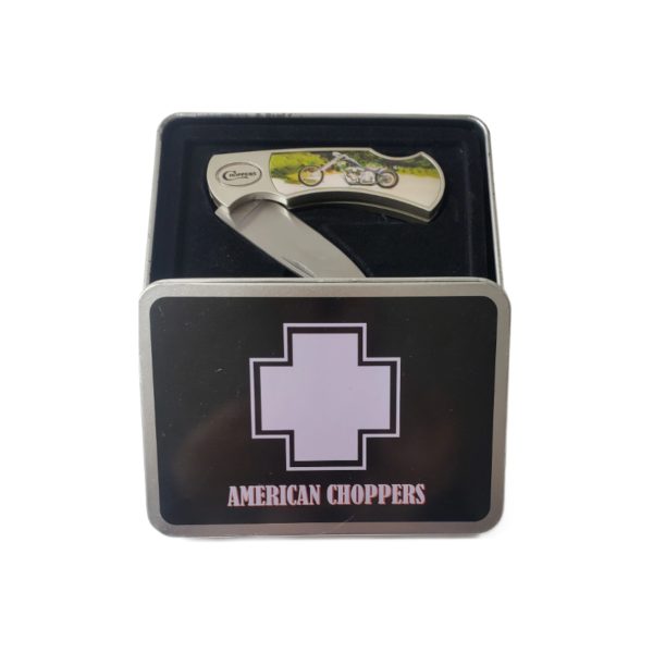 American Choppers Custom Motorcycle Pocket Knife In Tin - Dark Blue-Purple Chopper