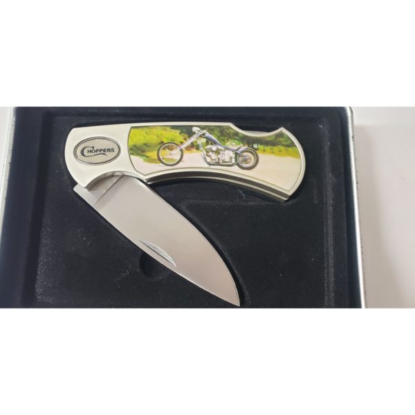 American Choppers Custom Motorcycle Pocket Knife In Tin - Dark Blue-Purple Chopper