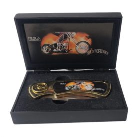 USA Chopper Gold Handle Pocket Knife Black Bike