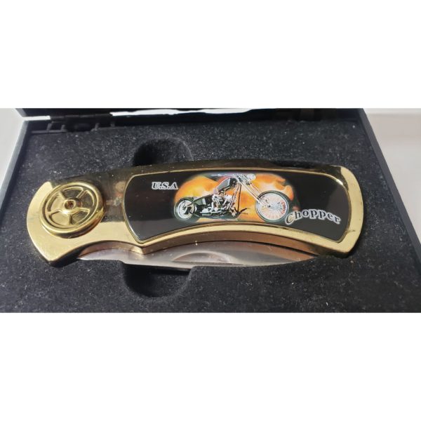 USA Chopper Gold Handle Pocket Knife Black Bike