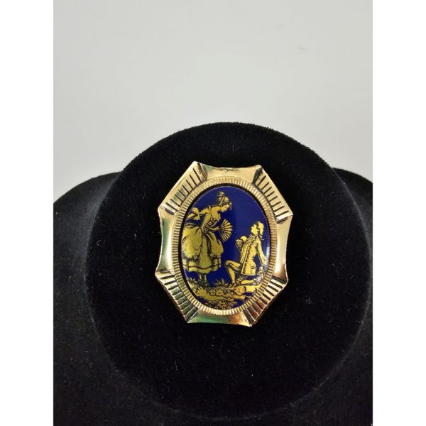Vintage Gold Tone Blue Victorian Couple Proposing Marriage Brooch Pin