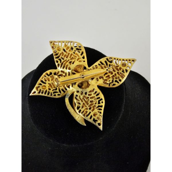 Vintage Gold Tone Leaves & Ribbon Brooch Pin