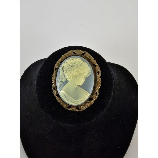 Vintage Dusty Blue Cameo Lady Western Germany Brooch Pin