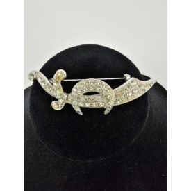 Vintage Marked Ora Clear Rhinestones Scimitar & Crescent Moon Pin Brooch