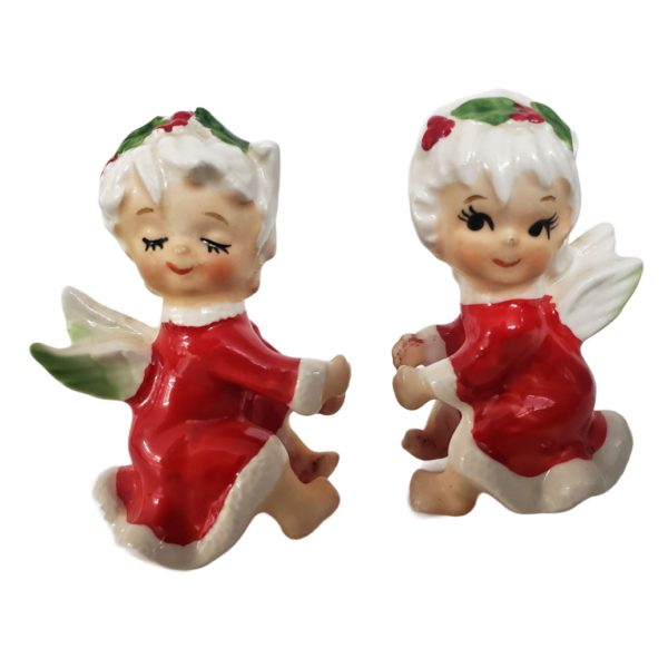 Vintage Lefton Japan Pixie Girl Christmas Angel Candle Hugger Climber Set