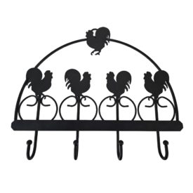 Rustic Rooster Black Iron Metal 4 Hook Wall Mount Kitchen Rack 21.5 x 16.5 x 2