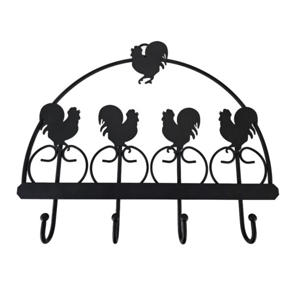 Rustic Rooster Black Iron Metal 4 Hook Wall Mount Kitchen Rack 21.5 x 16.5 x 2